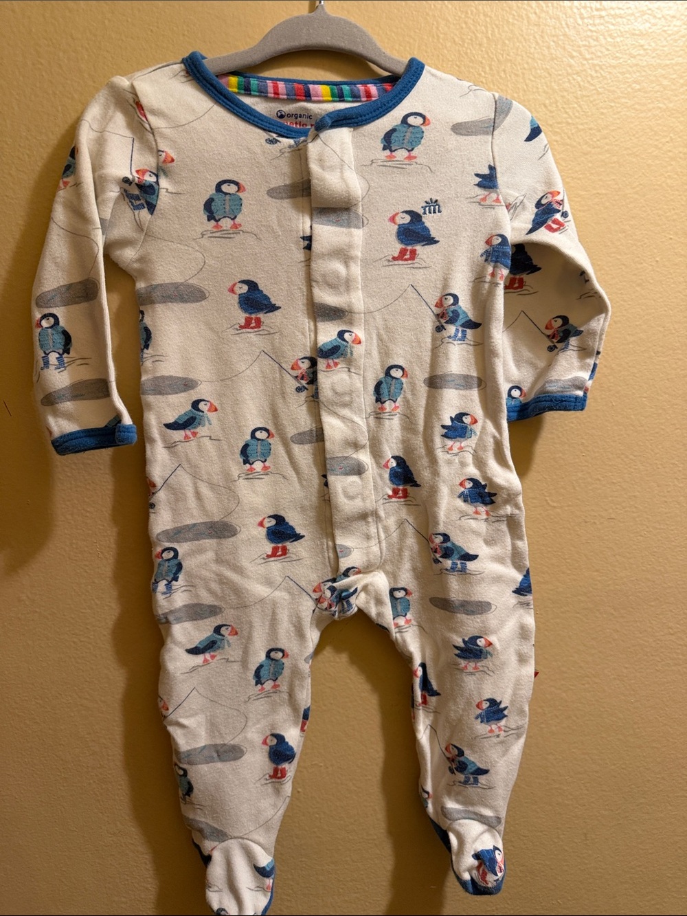 Magnetic Me Cream Puffin Footed One-Piece with Blue Trim